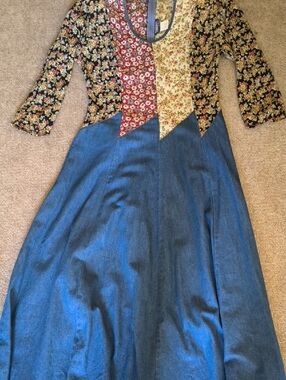 Vintage 80s Boho Dress By Tickets California Sz 9/10 Sheer Floral Denim Flared